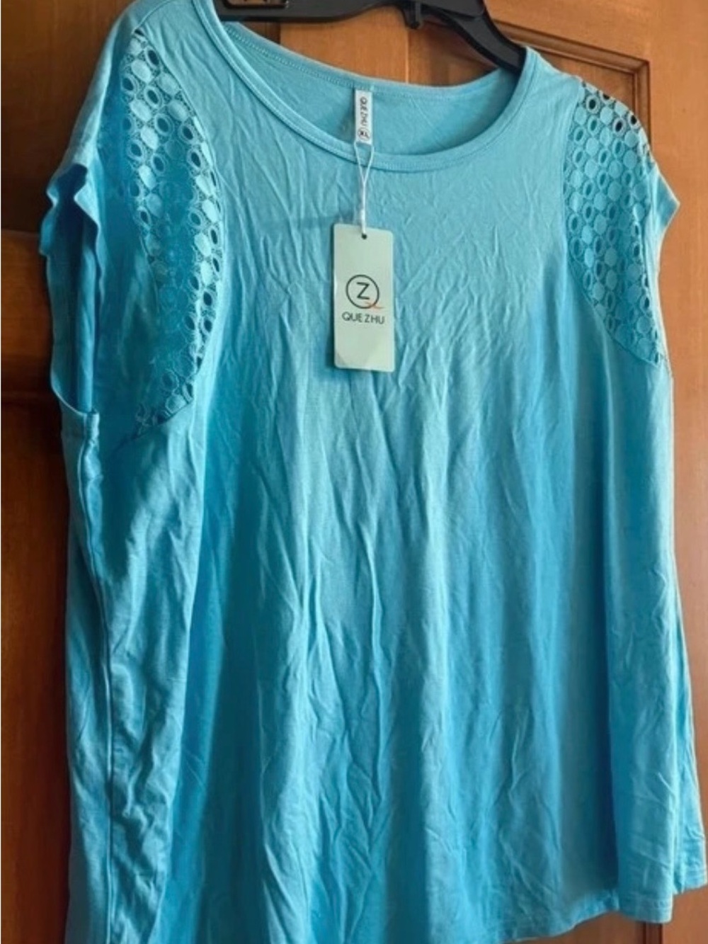 Women's Scoop Neck Short Sleeve Top in Aqua Blue with Lace Shoulders